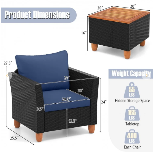 3PCS Patio Rattan Furniture Set Cushioned Conversation Set Coffee Table Navy (Fully Assembled)