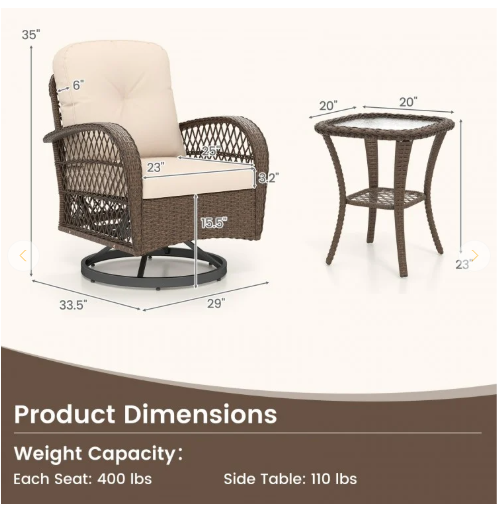 3 Pieces Outdoor Swivel Rocker Set with Small Side Table (Fully Assembled)