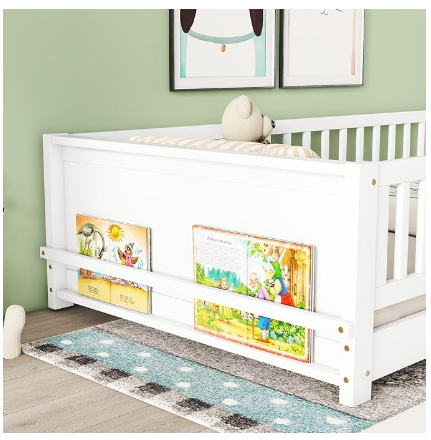 Full Size Floor Bed for Kids with Safety Guardrails, Solid Wood with Removable Door-White. ( 1 Box)