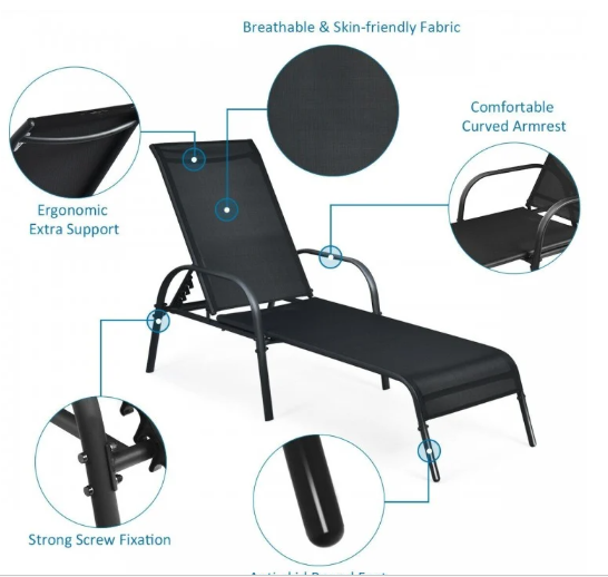 2 Pieces Outdoor Patio Lounge Chair Chaise Fabric with Adjustable Reclining Armrest-Black