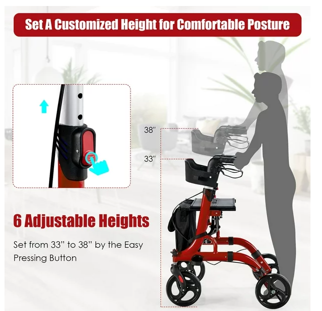 Folding Aluminum Rollator Walker with 8-inch Wheels and Seat - Red