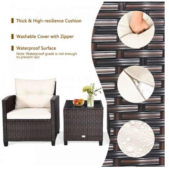 3 Pieces Rattan Patio Conversation Set with Coffee Table-White, Fully Assembled