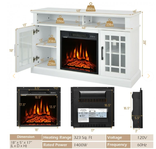 48 Inch Fireplace TV Stand and Fireplace Insert, Fully Assembled (Scratch and Dent)