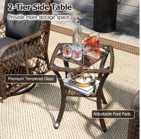 3 Pieces Patio Furniture Set PE Wicker Swivel Glider Chairs with 2-Tier Side Table and Cushions-Black (Assembled)