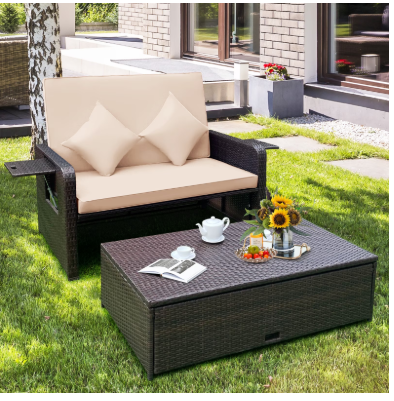 Wicker Outdoor Daybed with Loveseat and Ottoman - Beige (Ours is Grey Wicker) (assembled)
