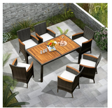 7PCS Patio Rattan Dining Set Acacia Wood Table Cushioned Chair Mix Gray