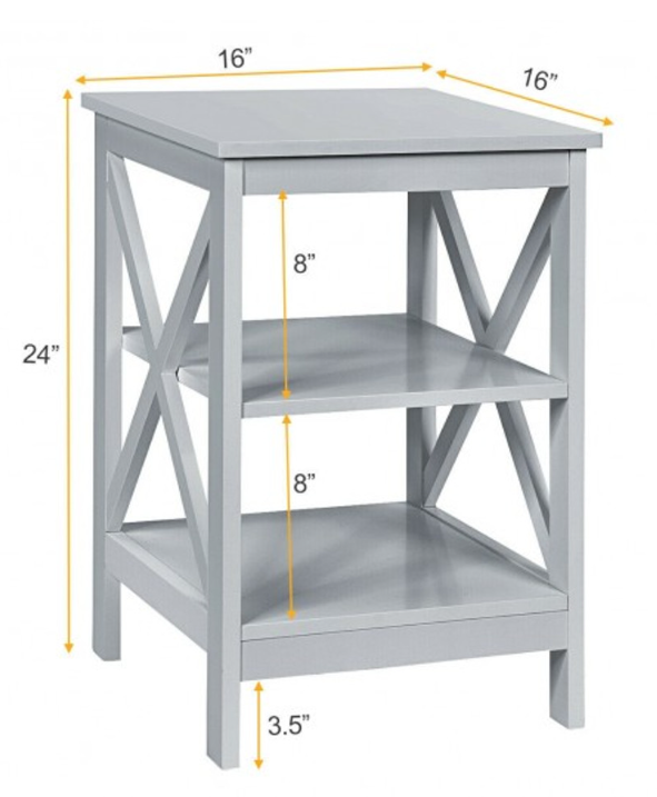 3-tier Side Table Nightstand with Stable Structure- Gray  (Fully Assembled)