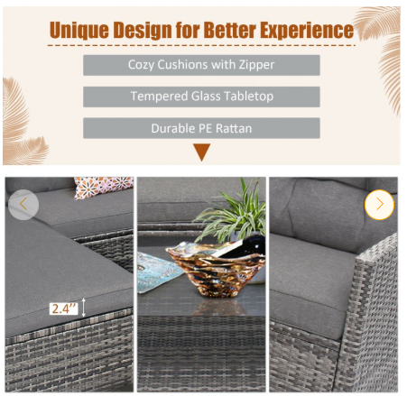 4 Pieces Patio Rattan Furniture Set with Cushion and Table Shelf-Gray (Assembled)