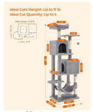 Fully Assembled,  Cat Condo, cat  tree, 61-Inch Cat Tower with 5 Scratching Posts, 2 Perches, 2 Caves, Hammock, 2 Pompoms, Light Gray