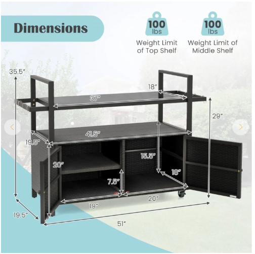TAX FREE/SPECIAL - Bar Cart Wicker Buffet Serving Cart with Cabinet and 8 Hooks (See Decsription)
