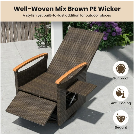 Patio Rattan 360° Swivel Recliner Chair with Adjustable Backrest and Footrest-Gray (Assembled)