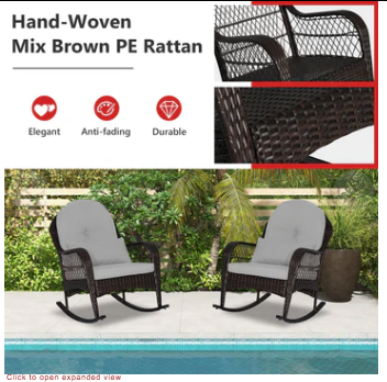 Patio Rattan Rocking Chair with Seat Back Cushions and Waist Pillow-Grey