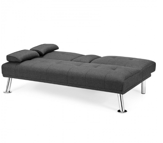 Convertible Folding Futon Sofa Bed Fabric with 2 Cup Holders-Grey