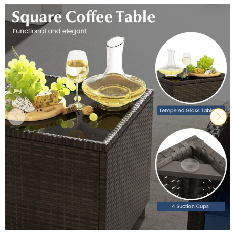 5PCS Outdoor Rattan Conversation Set Wicker Lounge Chairs with 2 Ottoman Stools and Glass Top Side Table-Navy (Assembled)