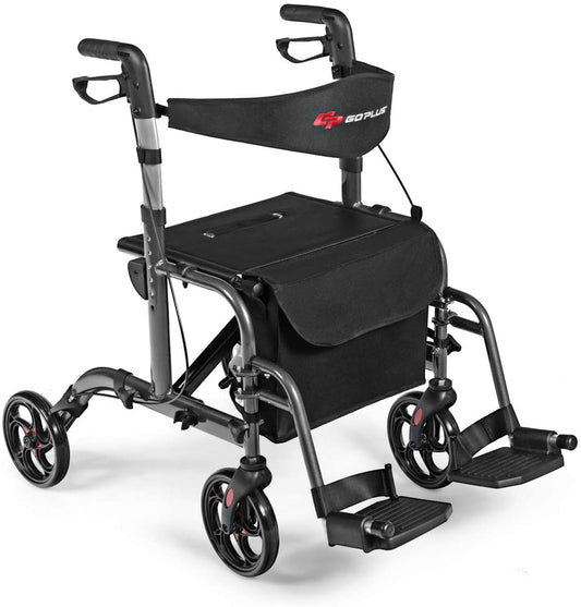 2 in 1 Folding Rollator Walker, 4 Wheel Medical Rolling Walker