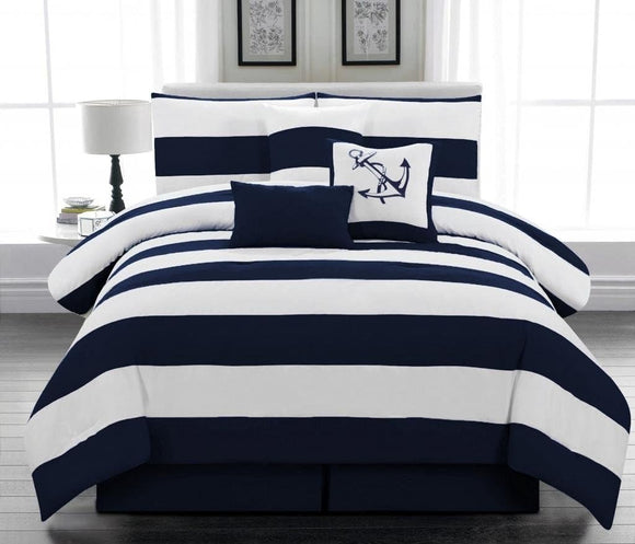 Legacy Decor 7pc. Microfiber Nautical Themed Comforter set, Navy Blue and White Striped, Queen Size