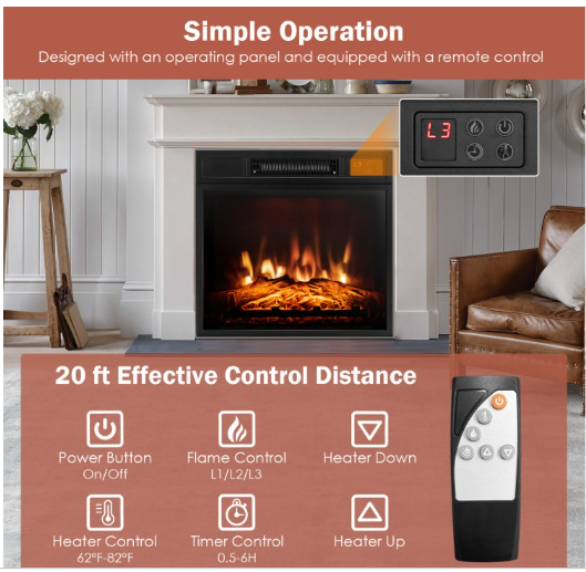 18 Inch Electric Fireplace Inserted with Adjustable LED Flame-Black