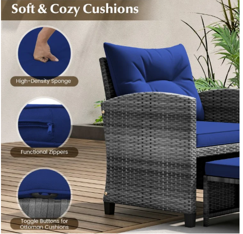 5 Pieces Patio Rattan Sofa Ottoman Furniture Set with Cushions-Navy (Fully Assembled)