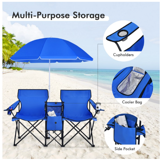 Portable Folding Picnic Double Chair With Removable Umbrella-Navy