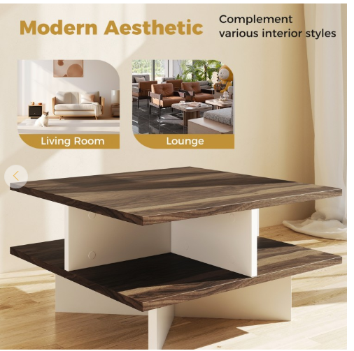 2-Tier Square Coffee Table with 4 Storage Compartments-Walnut (Fully Assembled)