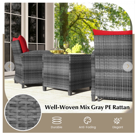 5 Piece Patio Rattan Furniture with 2 Ottomans and Tempered Glass Coffee Table-RED (Fully Assembled)