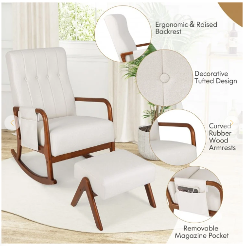 Rocking Chair with Ottoman and Padded Cushion, White (Fully Assembled)