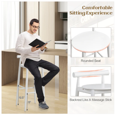 Wooden Bar Chair Set of 2 with Backrest and Footrest for Home Restaurant Cafe-White