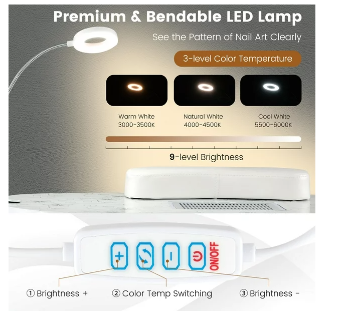 Manicure Nail Table with Bendable USB-plug LED Table Lamp-White (No Carry Bag)
