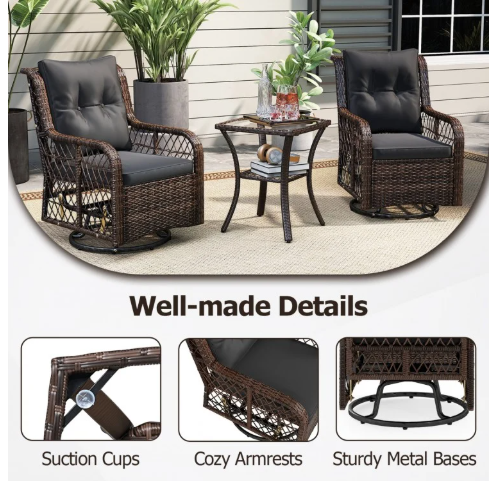 3 Pieces Patio Furniture Set PE Wicker Swivel Glider Chairs with 2-Tier Side Table and Cushions-Black (Assembled)