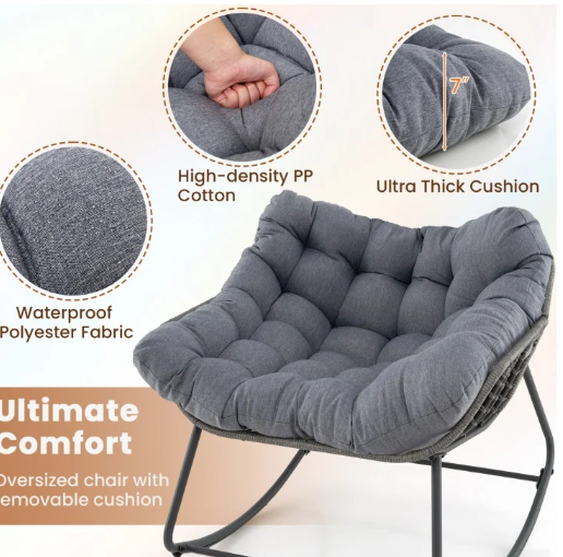 Outdoor Rocking Chair Oversized Patio PE Wicker Egg Chair with Cushion-Gray (Assembled)