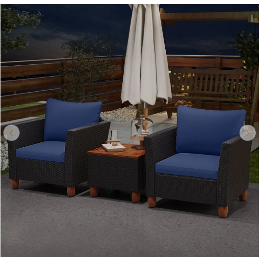 3PCS Patio Rattan Furniture Set Cushioned Conversation Set Coffee Table Navy (Fully Assembled)