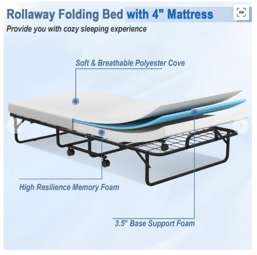 Twin Size Metal Folding Bed with Memory Foam Mattress, (1 Box, Unassembled