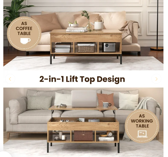Living Room Central Table with Lifting Tabletop and Metal Legs - [Scratch and Dent] (Fully Assembled)