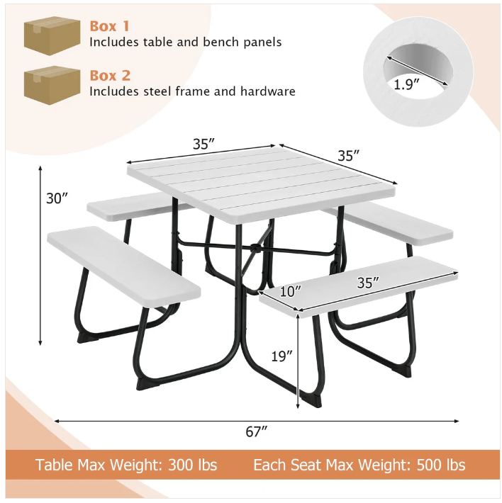 Outdoor Picnic Table with 4 Benches and Umbrella Hole-Gray - Fully Assembled