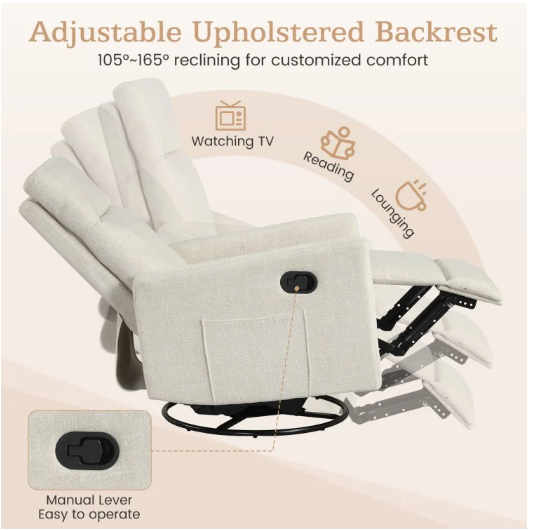 Swivel Rocking Chair 360° Reclining Rocker Armchair with Cushioned Back - (Slightly Marked)
