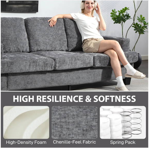 3 Seater Sofa with USB Ports & Cup Holders, Chenille-Feel Upholstered Couch for Living Room, Grey