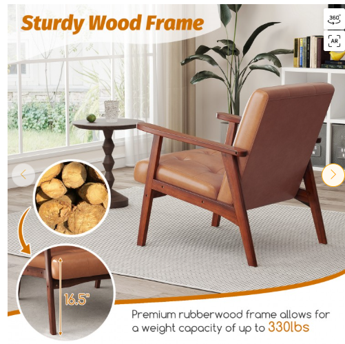 Mid Century Modern Accent Chair with Solid Rubber Wood Frame and Leather Cover-Brown (Assembled)