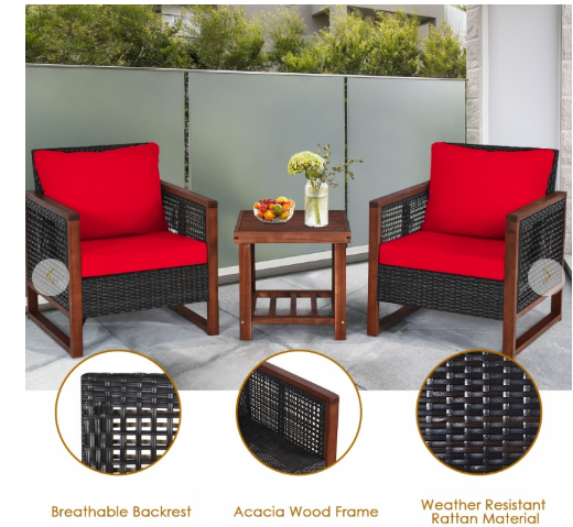 3 Pieces Acacia Wood Patio Furniture Set with Coffee Table-RED  (See Description)