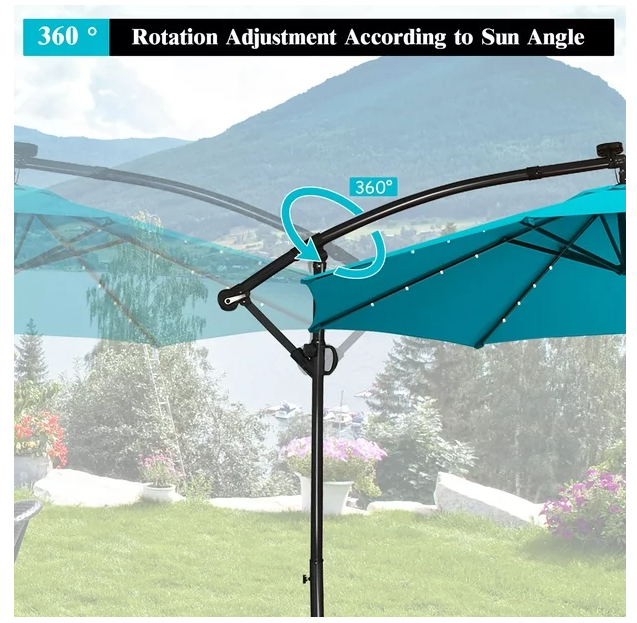10 ft 360° Rotation Solar Powered LED Patio Offset Umbrella -Turquoise