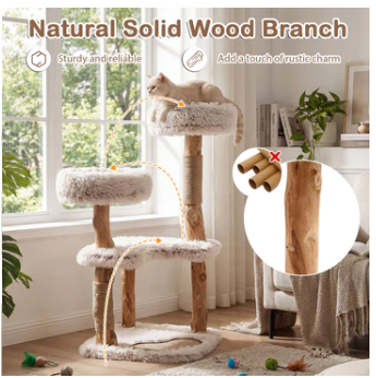 Modern Cat Tree Tower 40" with Luxury Real Wood Natural Branch, Natural & White