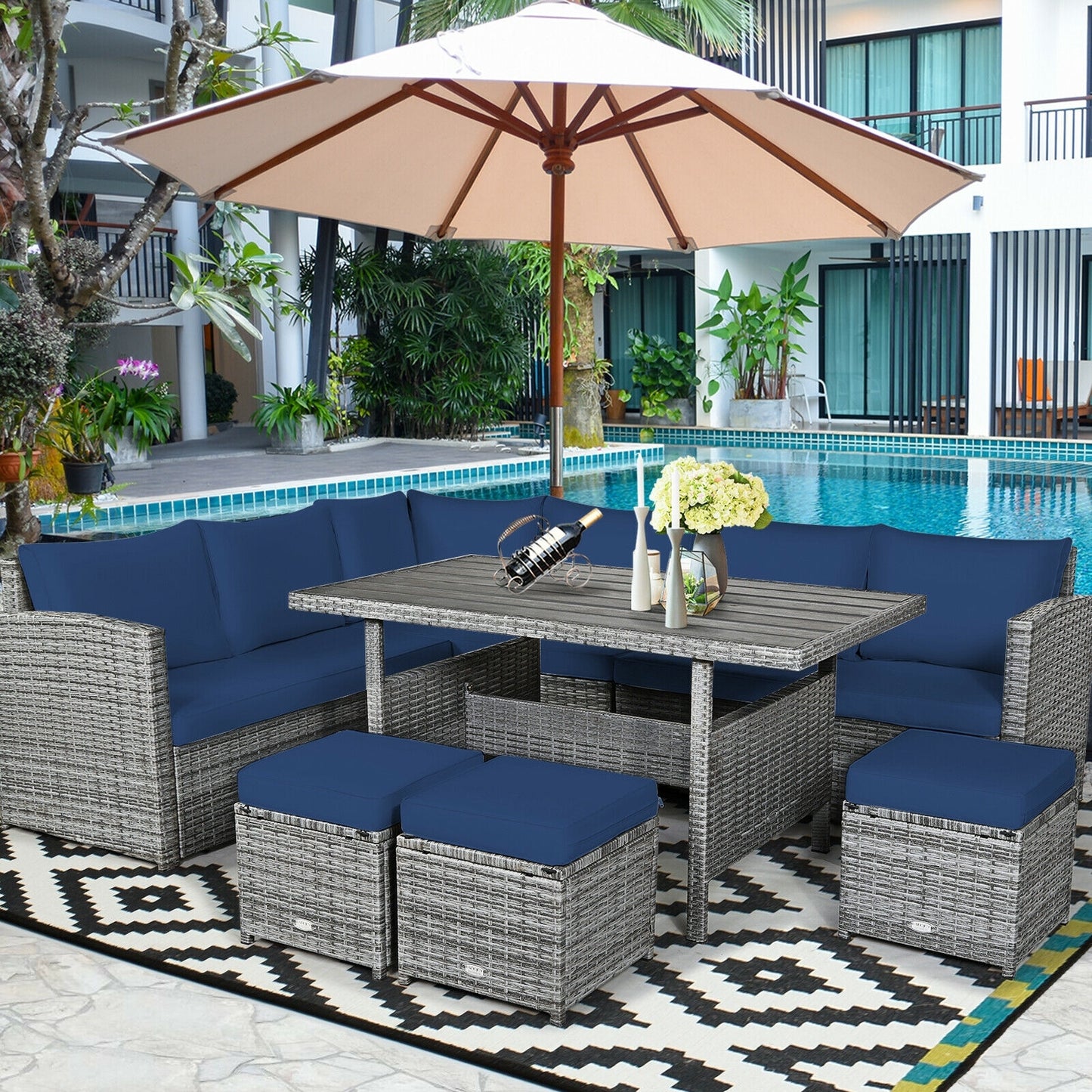 NO TAX SPECIAL, 7 Pieces Patio Rattan Dining Furniture Sectional Sofa Set with Wicker Ottoman-Navy (Copy)