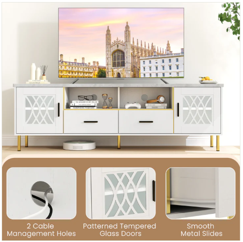 71 Inch TV Stand with Glass Doors for 80 Inch TVs-White-Scratch and Dent - (Fully Assembled)
