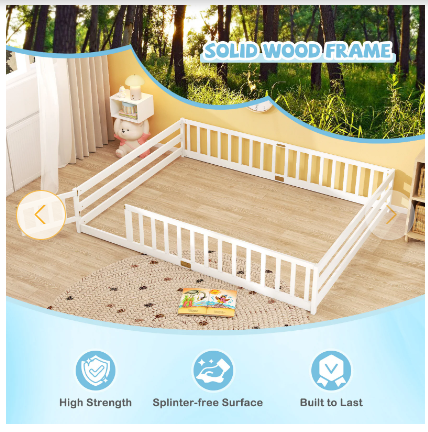 SPECIAL - Queen Size Montessori Floor Bed Frame with Full Length Safety Guardrails-White