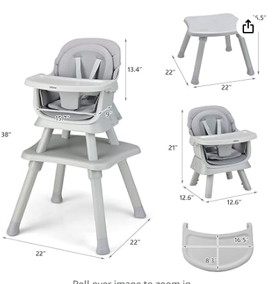 8 in 1 Baby High Chair, Convertible Highchair with with Removable Tray (Grey)