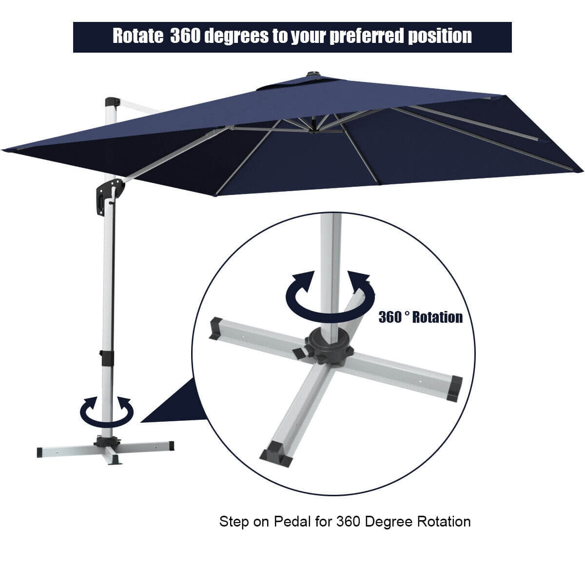 10 Feet 360° Tilt Aluminum Square Patio Umbrella without Weight Base-Navy, 1 box