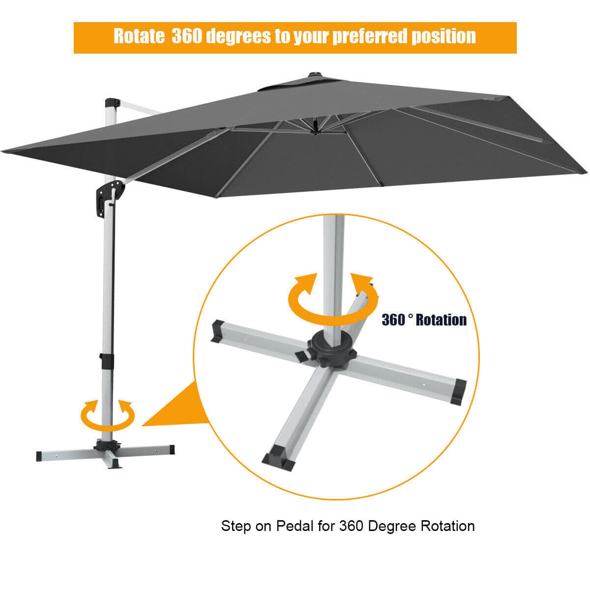 No Tax - 10 Feet 360° Tilt Aluminum Square Patio Umbrella without Weight Base-Gray, (Assembled)