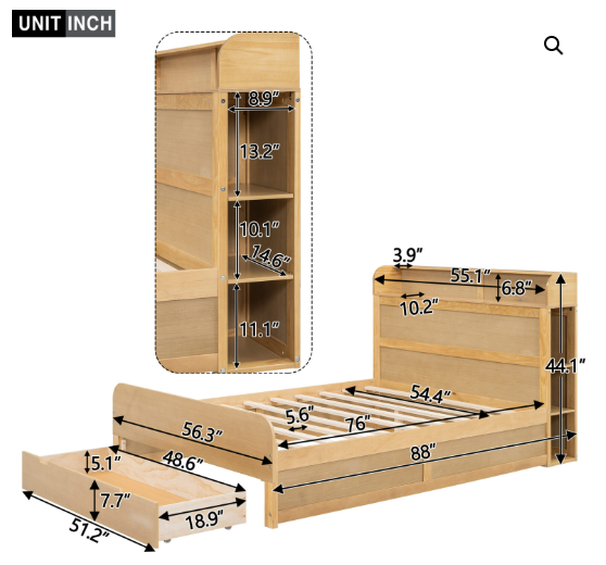 Full Size Bed Frame with Drawer, Platform Bed with Storage Headboard (2 Boxes)