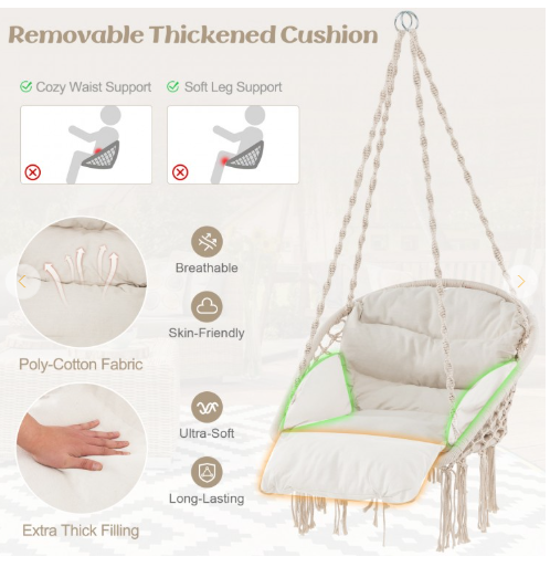 Hammock Chair with Thick Cushion and Macrame Holds up to 330 LBS