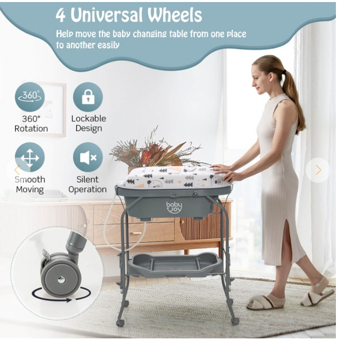 Folding Baby Changing Table with Bathtub and 4 Universal Wheels