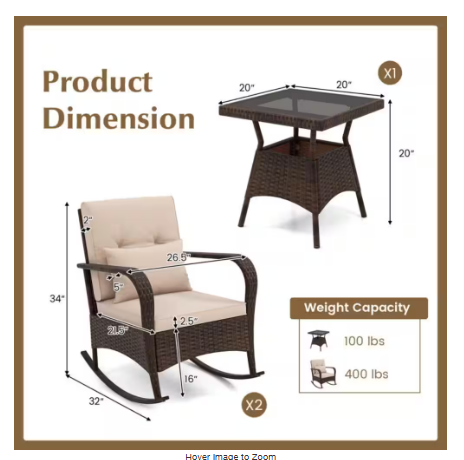 3 Pieces Outdoor Rocking Set with Tempered Glass Coffee Table for Backyard Poolside (Fully Assembled) (Copy)